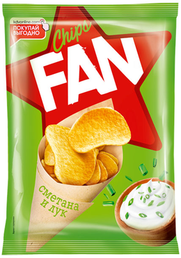 «Fan», чипсы со вкусом сметаны и лука, произведены из свежего картофеля, 22 г «Fan», чипсы со вкусом сметаны и лука, произведены из свежего картофеля, 22 г
