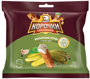 «3 Корочки», сухарики со вкусом малосольных огурчиков и соусом тар-тар, 85 г «3 Корочки», сухарики со вкусом малосольных огурчиков и соусом тар-тар, 85 г