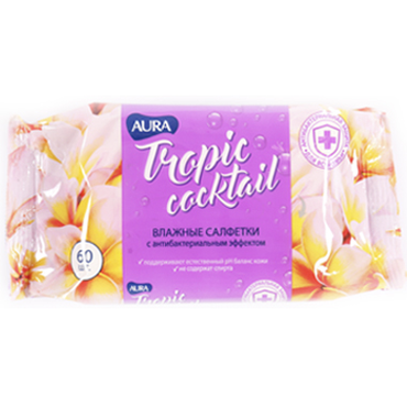 Влажные салфетки «Aura» Tropic Cocktail с антибактериальным эффектом, 60 шт Влажные салфетки «Aura» Tropic Cocktail с антибактериальным эффектом, 60 шт
