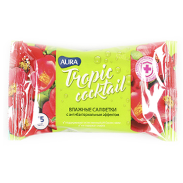 Влажные салфетки «Aura» Tropic Cocktail с антибактериальном эффектом, 15 шт Влажные салфетки «Aura» Tropic Cocktail с антибактериальном эффектом, 15 шт