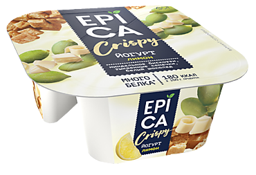 Йогурт 8.6% «Epica» Crispy с лимоном и смесью из семян тыквы, печенья и белого шоколада, 140 г
