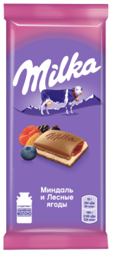 Шоколад молочный «Milka» с двухслойной начинкой «Миндаль и лесные ягоды», 90 г Шоколад молочный «Milka» с двухслойной начинкой «Миндаль и лесные ягоды», 90 г
