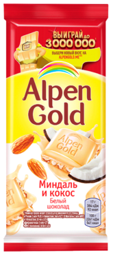 Белый шоколад «Alpen Gold» миндаль и кокос, 85 г Белый шоколад «Alpen Gold» миндаль и кокос, 85 г