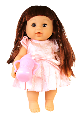 Кукла с длинными волосами в платье с пояском, с бутылочкой, 30 см (видео)