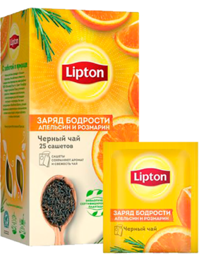 Чай черный «Lipton» Заряд бодрости с апельсином и листьями розмарина, 25 пакетиков Чай черный «Lipton» Заряд бодрости с апельсином и листьями розмарина, 25 пакетиков