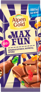 Шоколад молочный «Alpen Gold» MaxFun взрывная карамель-мармелад-печенье, 150 г Шоколад молочный «Alpen Gold» MaxFun взрывная карамель-мармелад-печенье, 150 г