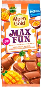 Шоколад «Alpen Gold» MaxFun манго-ананас-маракуйя-взрывная карамель-шипучие шарики, 150 г Шоколад «Alpen Gold» MaxFun манго-ананас-маракуйя-взрывная карамель-шипучие шарики, 150 г
