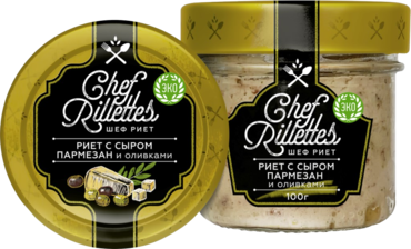 Риет из трески «Shef Rillettes» с сыром Пармезан и оливками, 100 г Риет из трески «Shef Rillettes» с сыром Пармезан и оливками, 100 г