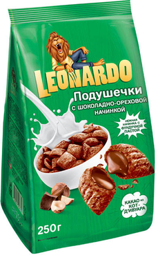 «Leonardo», готовый завтрак «Подушечки с шоколадно-ореховой начинкой», 250 г «Leonardo», готовый завтрак «Подушечки с шоколадно-ореховой начинкой», 250 г