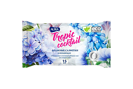 Влажные салфетки «Aura» Tropic Cocktail с антибактериальном эффектом, 15 шт
