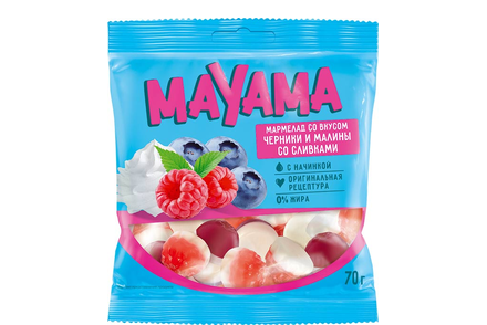 «Mayama», мармелад жевательный с желейной начинкой со вкусом черники и малины со сливками, 70 г