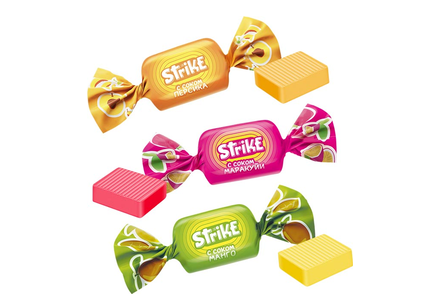 «Strike», жевательная конфета со вкусами манго, маракуйи и персика, 1 кг