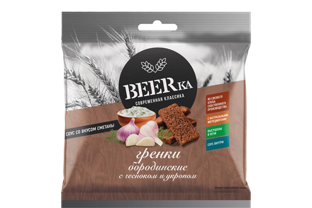 «Beerka», сухарики со вкусом чеснока с укропом и сметанным соусом «Calve», 85 г