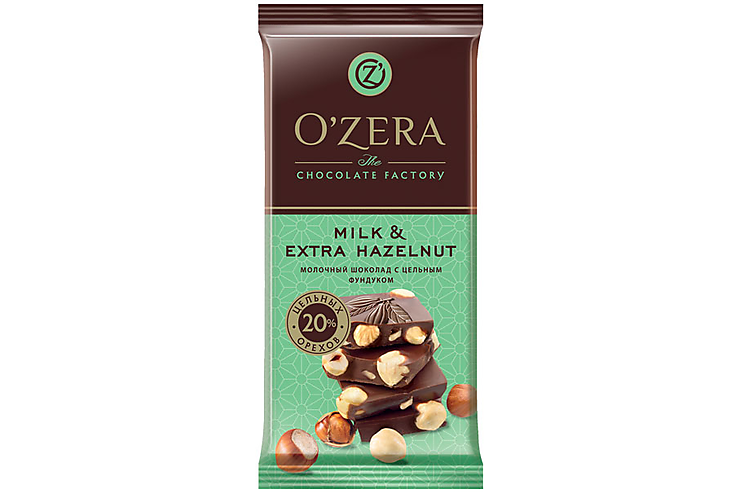 «OЗera», шоколад молочный с цельным фундуком  Milk & Extra Hazelnut, 90 г