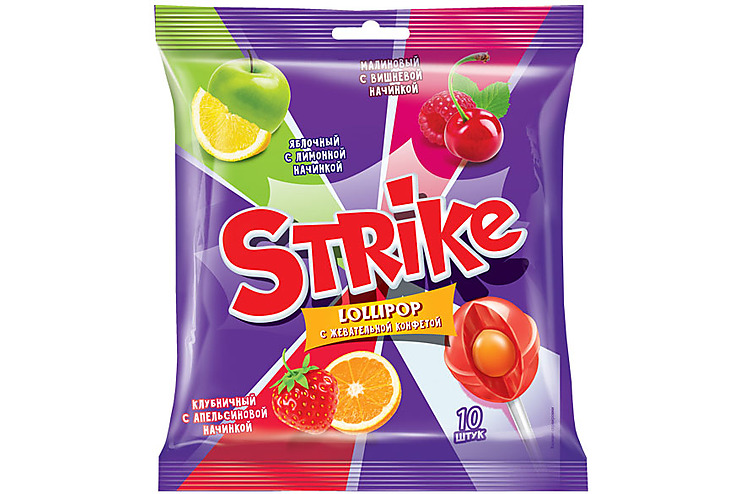 «Strike», карамель на палочке с жевательной конфетой, 113 г