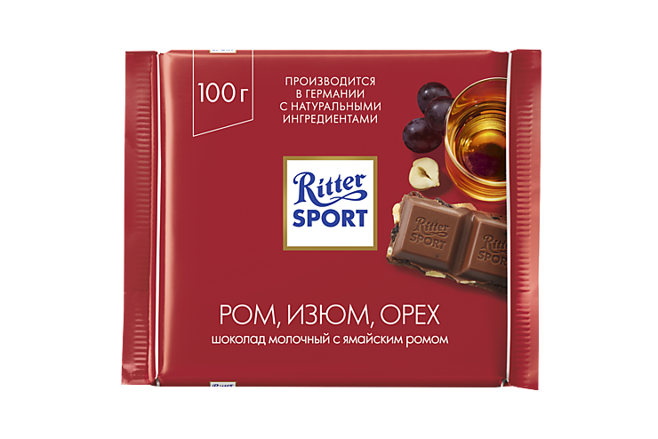 Шоколад молочный «Ritter Sport» Ром, изюм и орех, 100 г