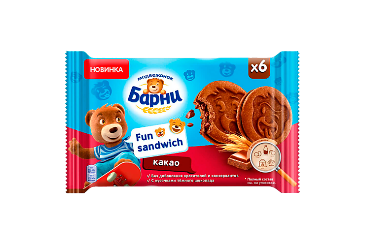 Пирожное «Медвежонок Барни» Fun сэндвич с какао и темным шоколадом, 180 г