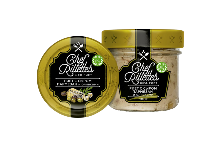 Риет из трески «Chef Rillettes» с сыром Пармезан и оливками, 100 г Риет из трески «Chef Rillettes» с сыром Пармезан и оливками, 100 г