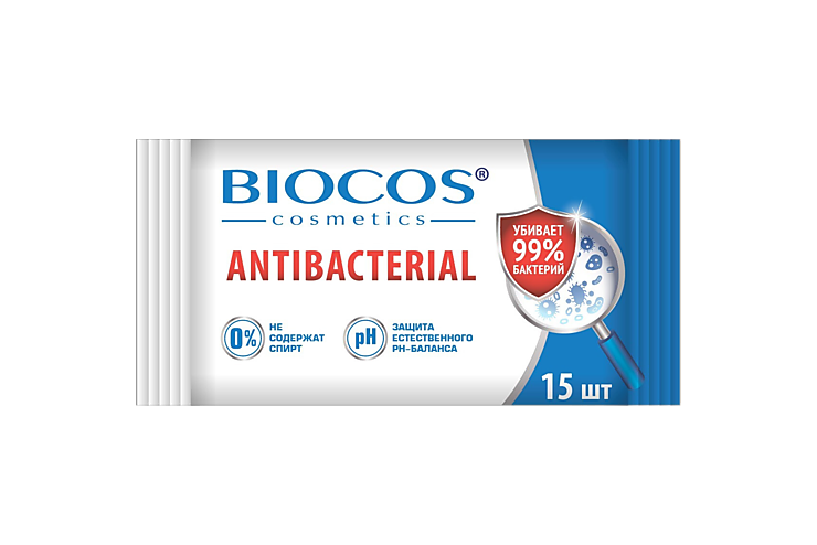 Влажные салфетки «BioCos» антибактериальные, 15 шт
