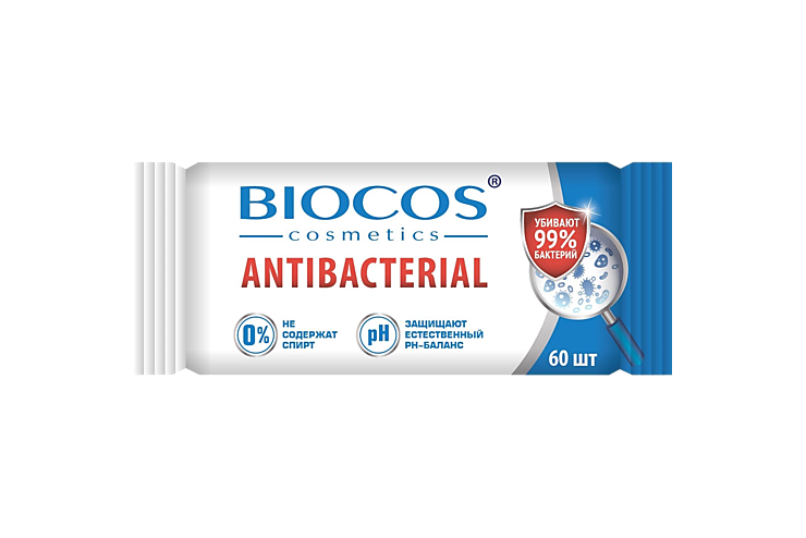 Влажные салфетки «BioCos» антибактериальные, 60шт