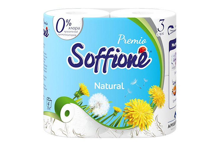Туалетная бумага трехслойная «Soffione» Premio natural, 4 рулона