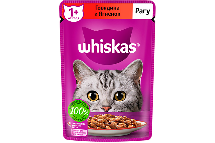 Влажный корм для кошек «Whiskas» говядина и ягненок, рагу, 75 г