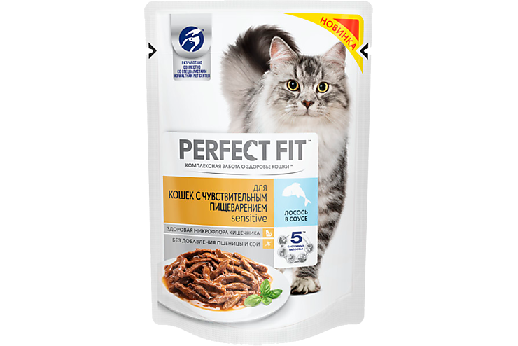 Влажный корм «Perfect Fit» для кошек с чувствительным пищеварением, с лососем в соусе, 85 г