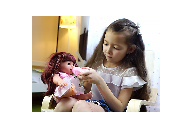 Кукла с длинными волосами в платье с цветочками, с бутылочкой, 30 см (видео), арт.3363-11