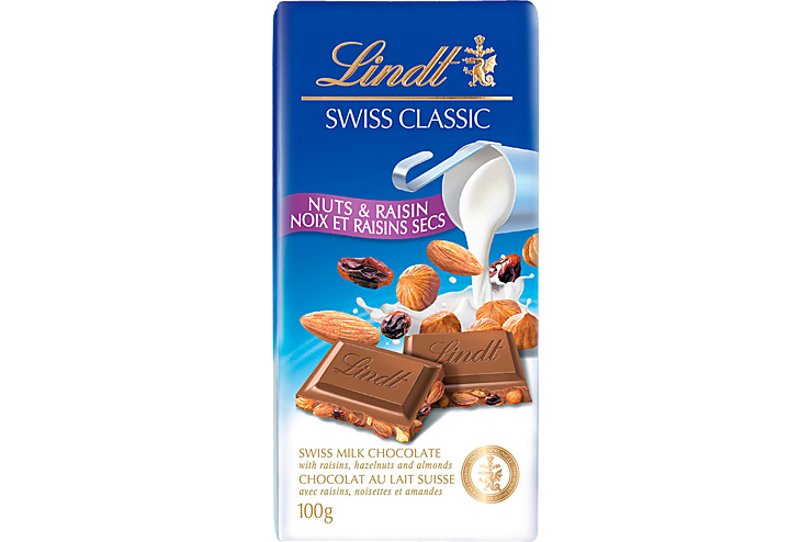 Шоколад молочный «Lindt» Swiss Classic с миндалем и изюмом, 100 г