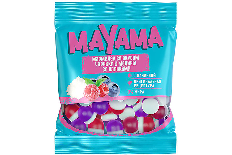 «Mayama», мармелад жевательный с желейной начинкой со вкусом черники и малины со сливками, 70 г
