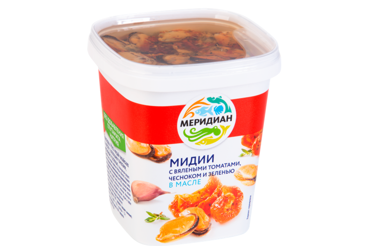 Мидии «Меридиан» с вялеными томатами, чесноком и зеленью, 415 г Мидии «Меридиан» с вялеными томатами, чесноком и зеленью, 415 г