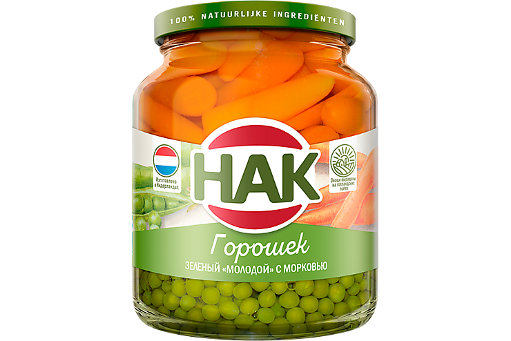 Горошек зеленый «молодой» «HAK» с морковью, 370 мл