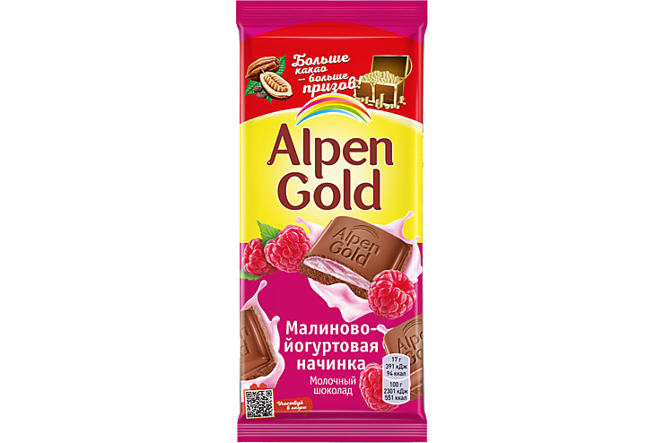 Молочный шоколад «Alpen Gold» с малиново-йогуртовой начинкой, 85 г