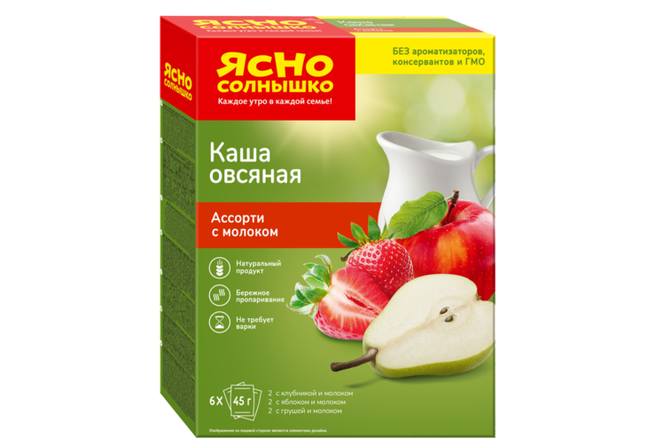 Каша овсяная «Ясно солнышко» Ассорти с молоком Груша – клубника – яблоко, 270 г Каша овсяная «Ясно солнышко» Ассорти с молоком Груша – клубника – яблоко, 270 г