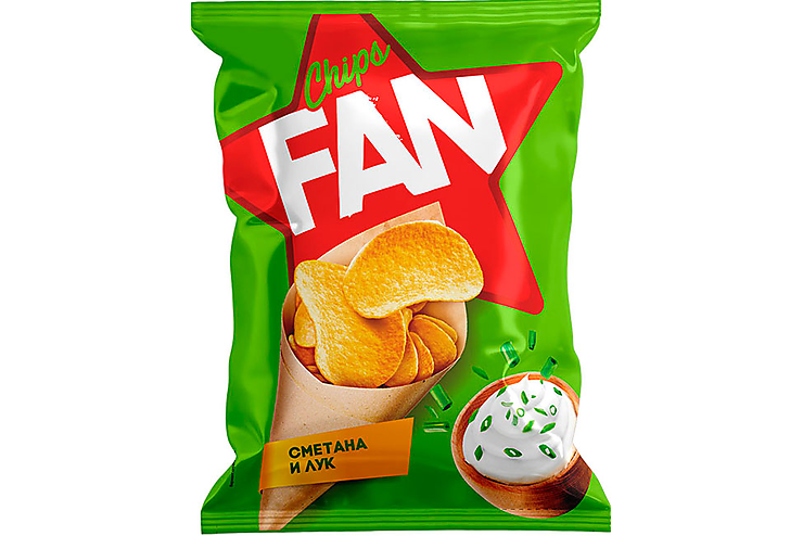 «Fan», чипсы со вкусом сметаны и лука, произведены из свежего картофеля, 120 г