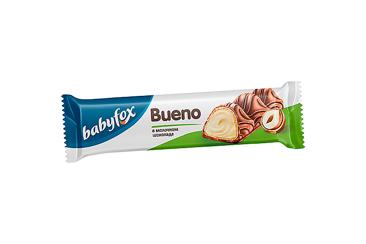 «BabyFox», батончик вафельный Bueno в молочном шоколаде, 23 г