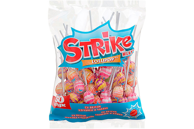 «Strike», карамель на палочке с молочно-фруктовым вкусом, 565 г