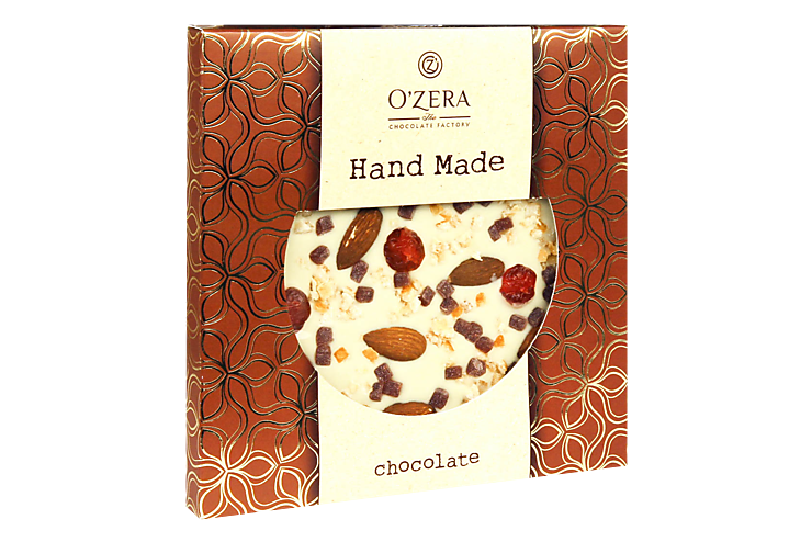 Белый шоколад ручной работы «O’Zera Hand Made» с апельсином, вишней, малиной и цельным миндалем, 150 г