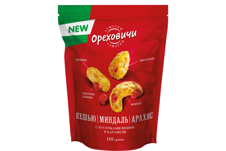 Кешью, миндаль и арахис «Ореховичи» с кусочками вишни в карамели, 150 г ...