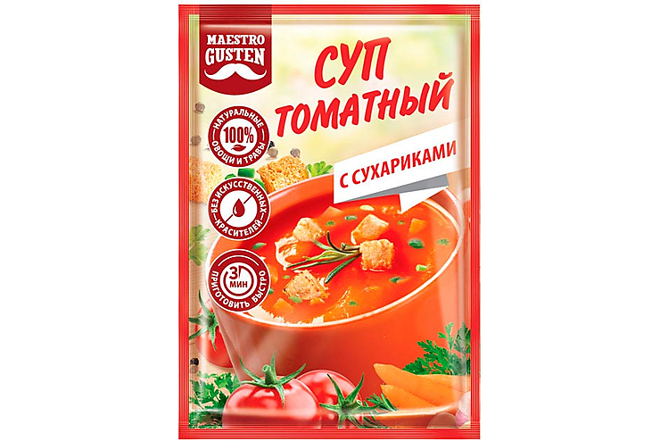 «Maestro Gusten», суп моментального приготовления томатный с сухариками, 16 г