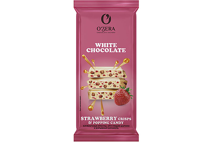 «O'Zera», шоколад белый «С клубничными криспами, хрустящими шариками и взрывной карамелью», 90 г
