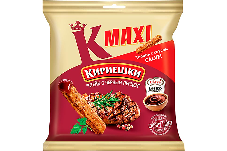 «Кириешки Maxi», сухарики со вкусом стейка с черным перцем и соусом барбекю «Calve», 75 г
