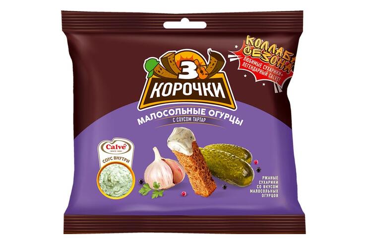 «3 Корочки», сухарики со вкусом малосольных огурчиков и соусом тар-тар «Calve», 85 г