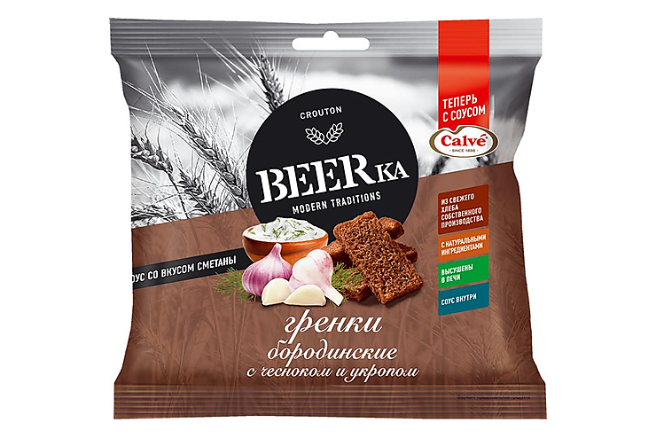 «Beerka», сухарики со вкусом чеснока с укропом и сметанным соусом «Calve», 85 г