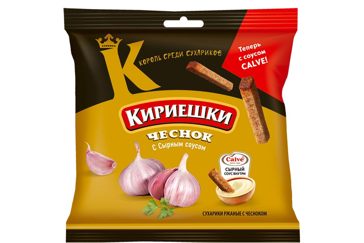 «Кириешки», сухарики со вкусом чеснока и сырным соусом «Calve», 85 г