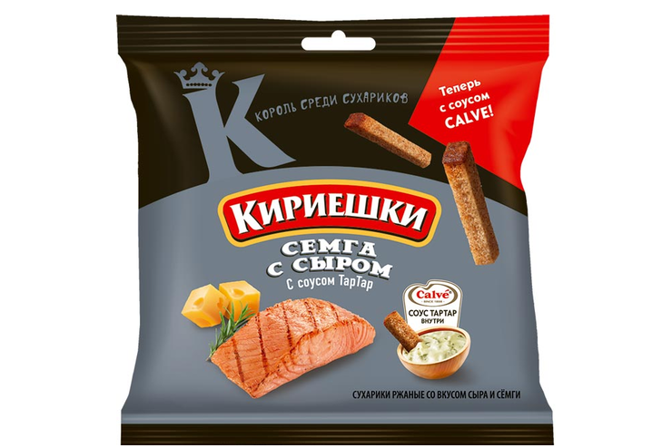 «Кириешки», сухарики со вкусом семги с сыром и соусом тар-тар «Calve», 85 г