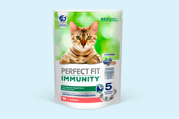 Корм для кошек сухой Immunity с говядиной, семенами льна и голубики, 580 г