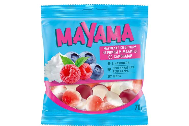 «Mayama», мармелад жевательный с желейной начинкой со вкусом черники и малины со сливками, 70 г