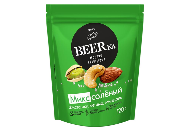 «Beerka», микс соленый: фисташки, кешью, миндаль; жареные, 120 г