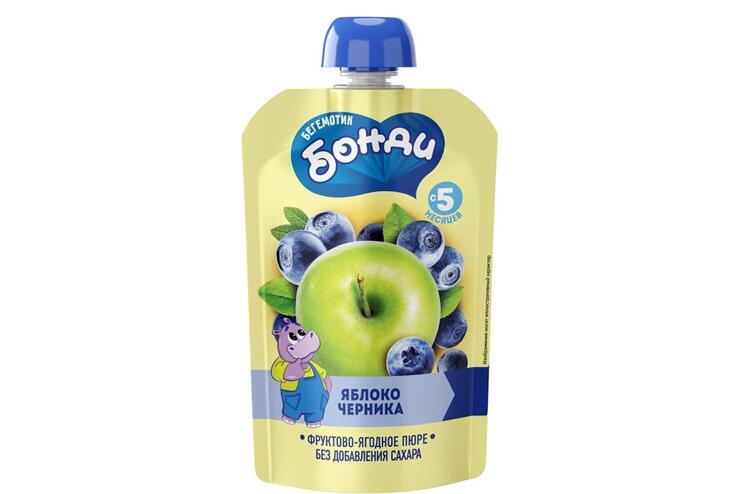 «Бегемотик Бонди», пюре фруктовое «Яблоко и черника», 90 г